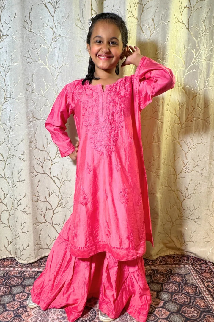 Alayna Kids Chanderi Chikankari Gharara Set