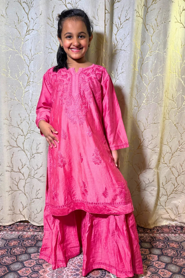 Alayna Kids Chanderi Chikankari Gharara Set