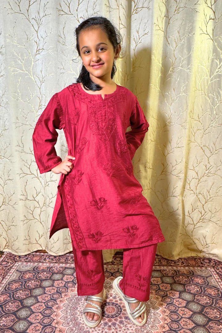 Iqra Kids Chanderi Chikankari Kurti Pant Set