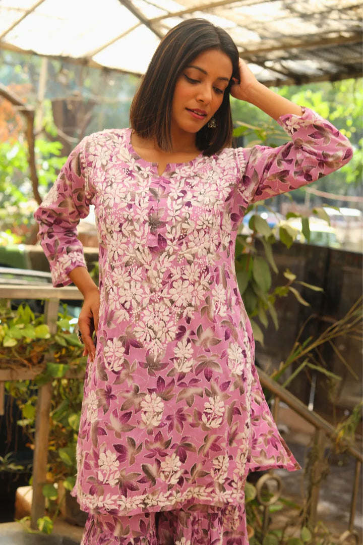 Rukhsaar Printed Mulmul Chikankari Gharara Set