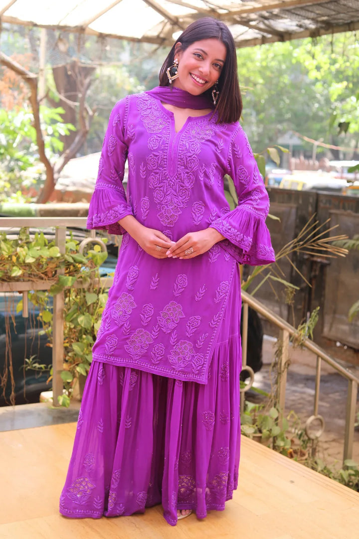 Zeenat Viscose 3D Chikankari Designer Gharara Set With Mukaish