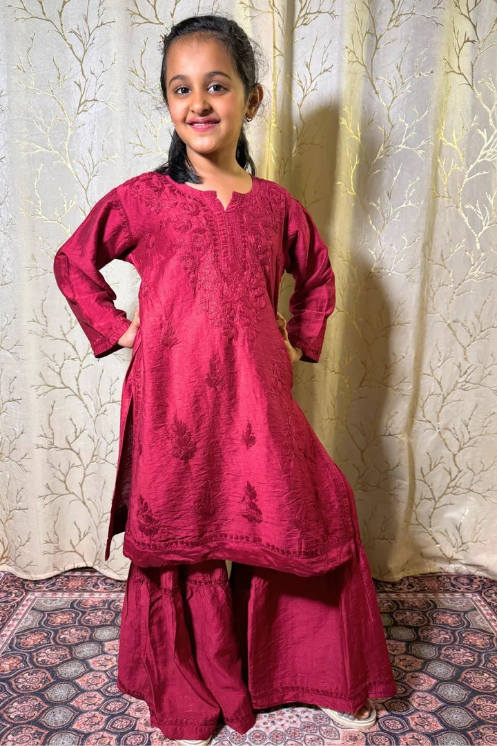 Alayna Kids Chanderi Chikankari Gharara Set