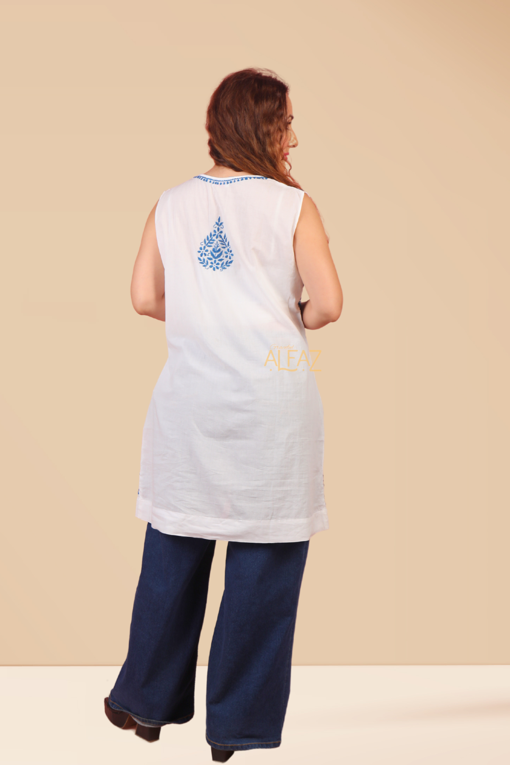 Tahira Cotton Chikankari Sleeveless Tunic Top | Cotton Chikankari Tops