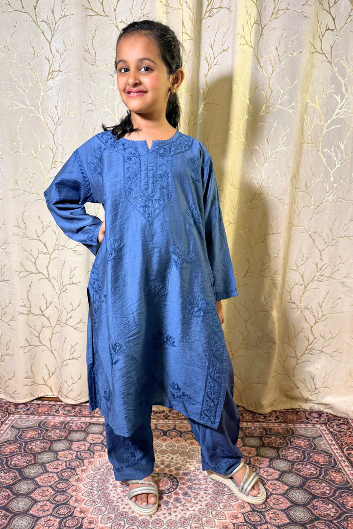 Iqra Kids Chanderi Chikankari Kurti Pant Set