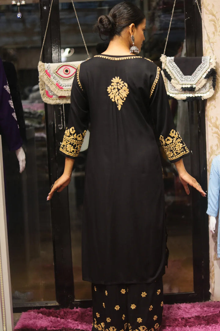 Habiba Rayon 3D Chikankari Designer Black Palazzo Set