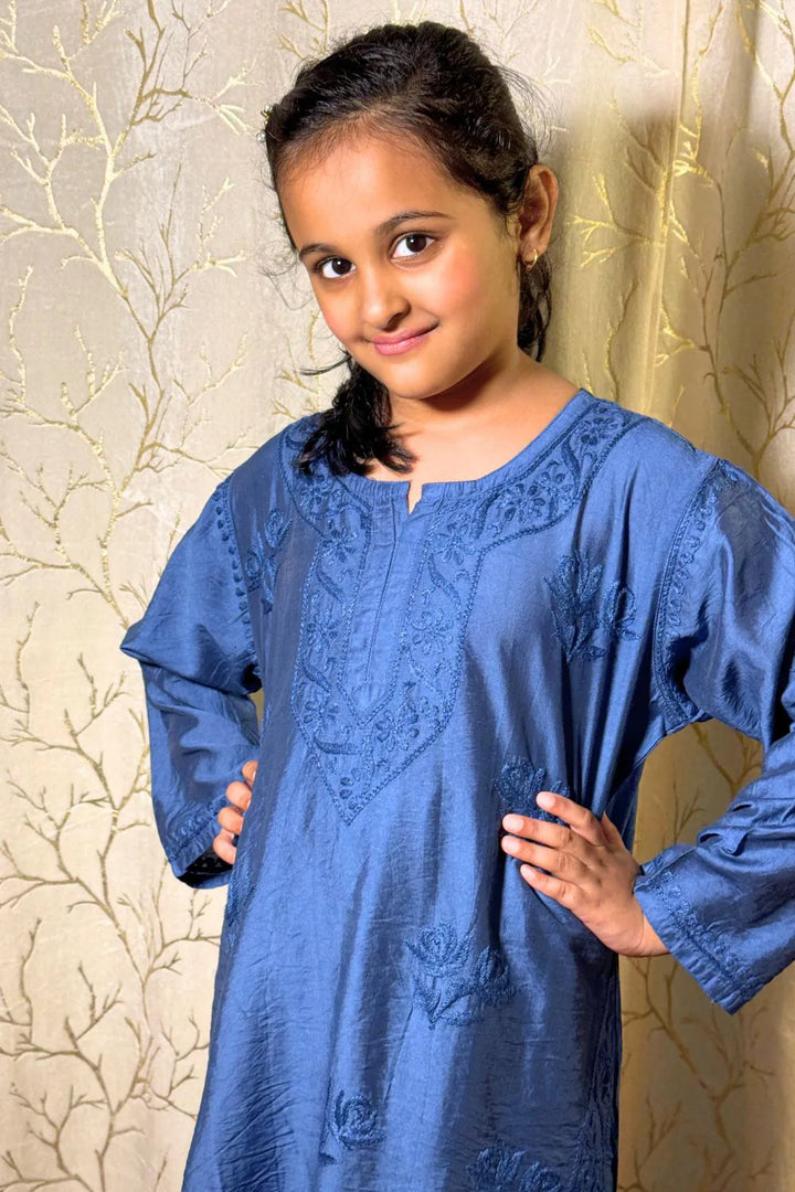 Iqra Kids Chanderi Chikankari Kurti Pant Set