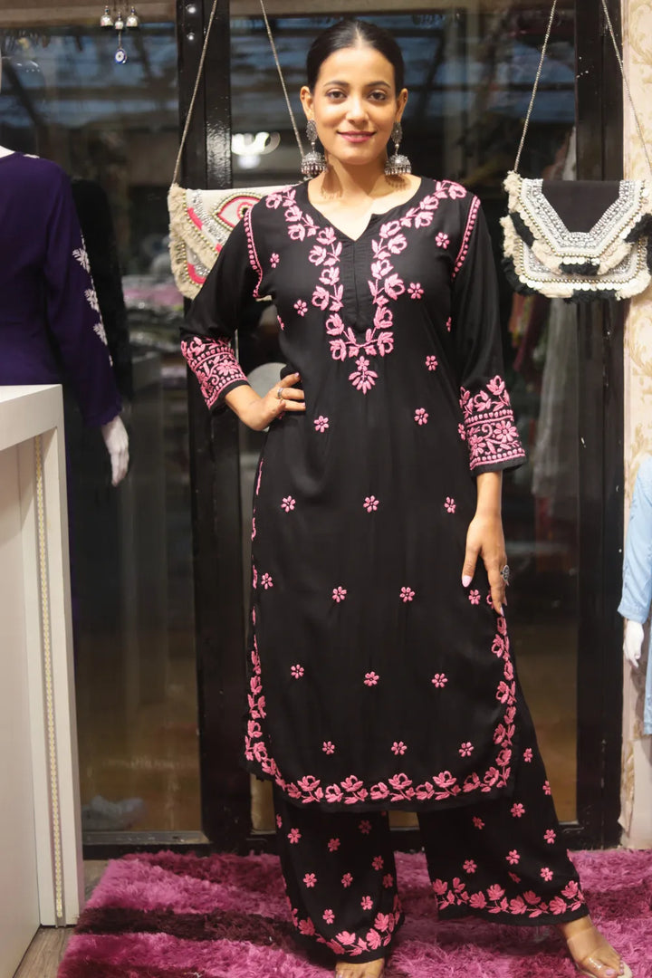 Habiba Rayon 3D Chikankari Designer Black Palazzo Set