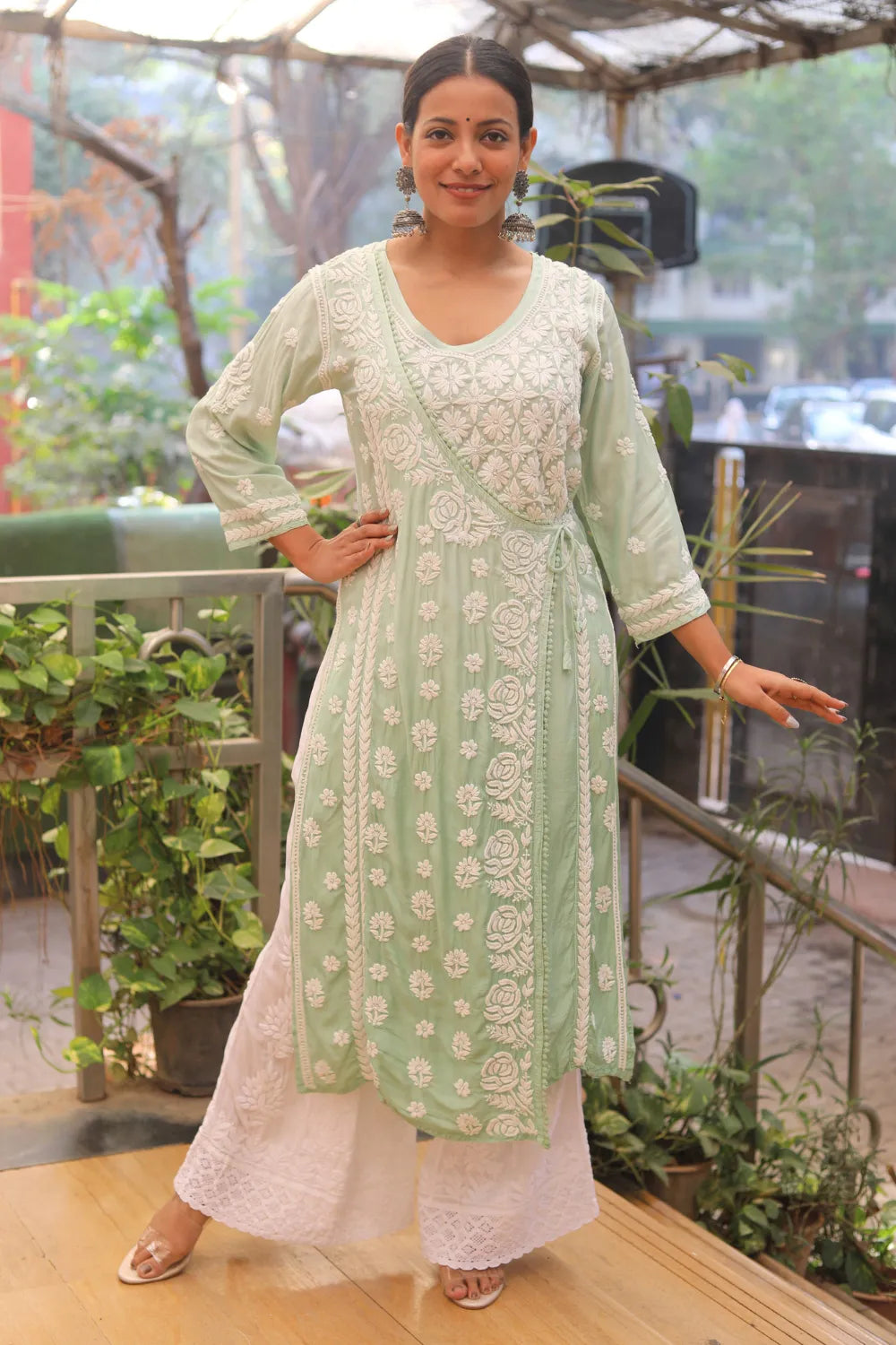 Aya Muslin 3D Chikankari Designer Angrakha Kurti