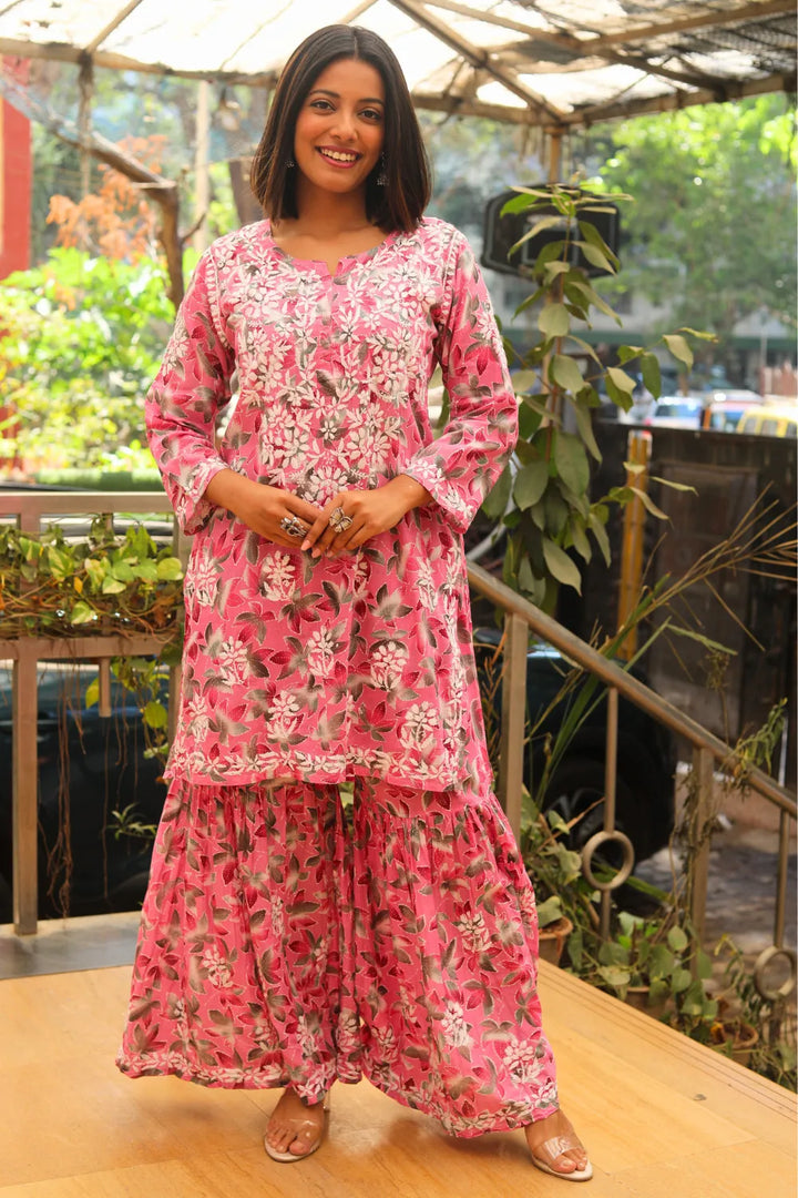 Rukhsaar Printed Mulmul Chikankari Gharara Set