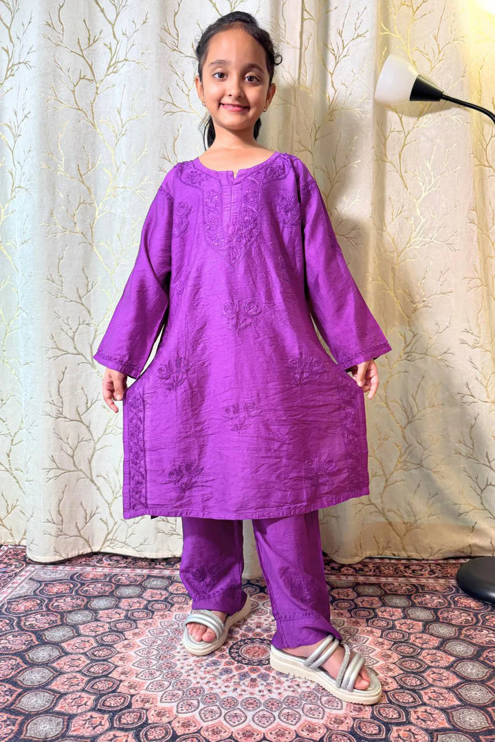 Iqra Kids Chanderi Chikankari Kurti Pant Set