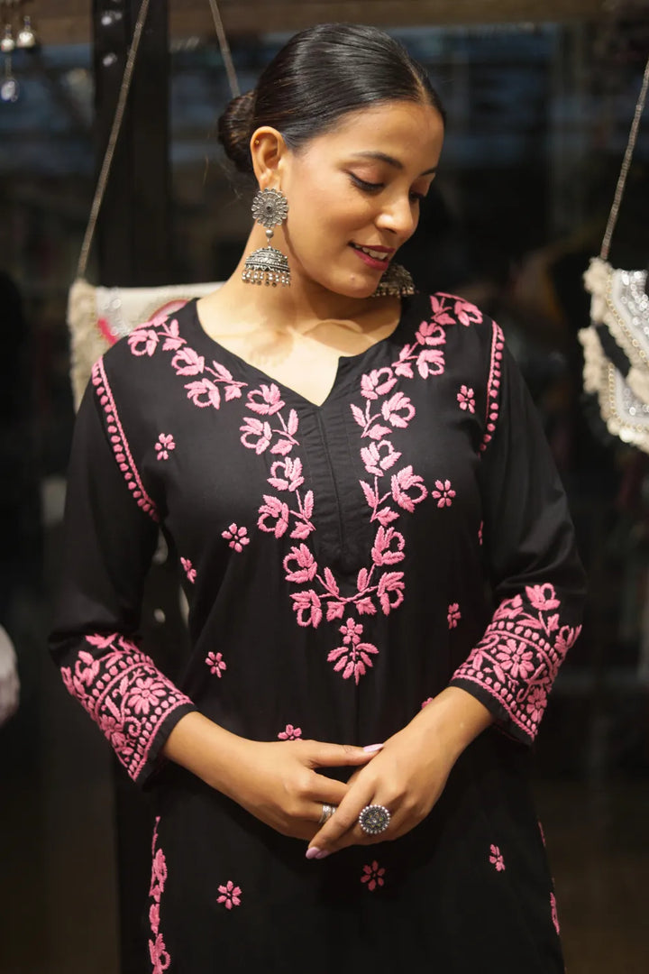 Habiba Rayon 3D Chikankari Designer Black Palazzo Set