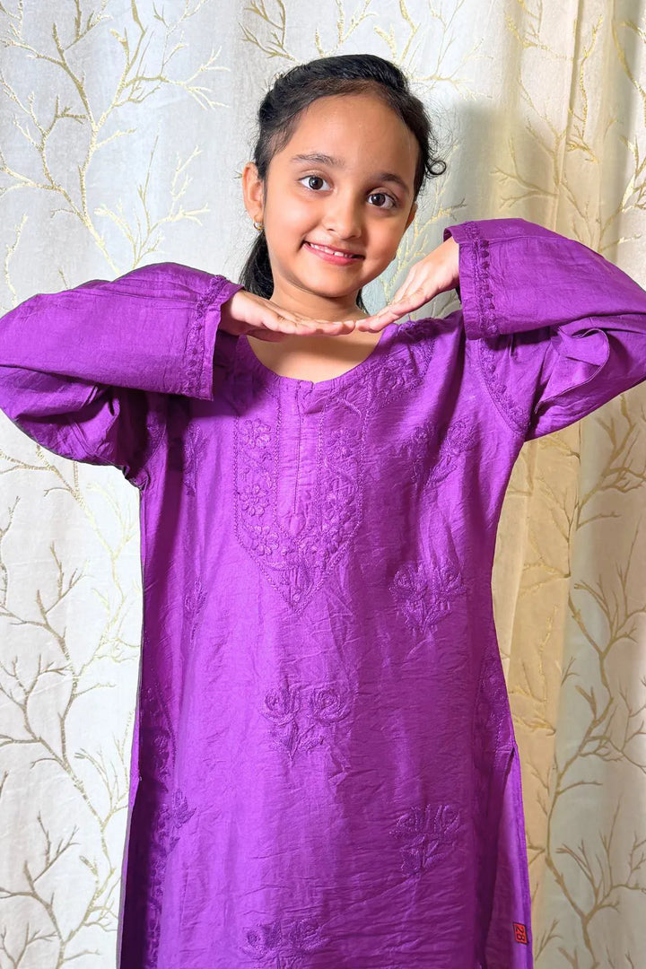 Iqra Kids Chanderi Chikankari Kurti Pant Set