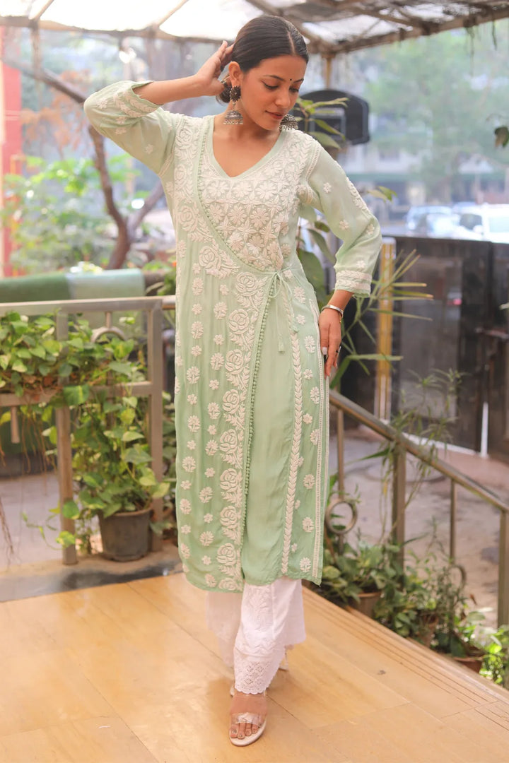 Aya Muslin 3D Chikankari Designer Angrakha Kurti