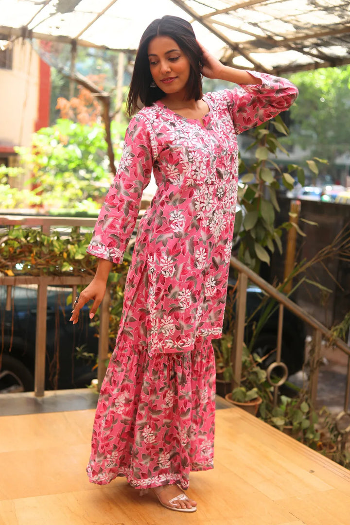 Rukhsaar Printed Mulmul Chikankari Gharara Set