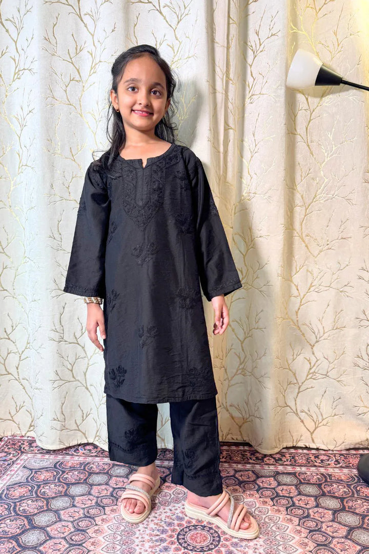 Iqra Kids Chanderi Chikankari Kurti Pant Set