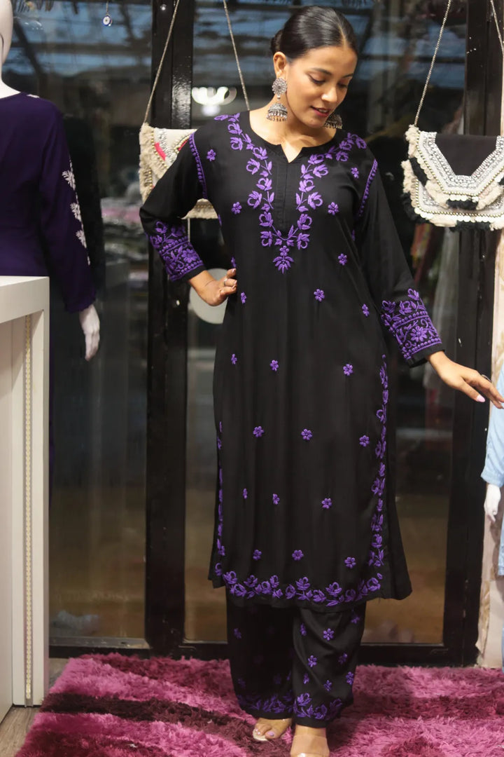 Habiba Rayon 3D Chikankari Designer Black Palazzo Set
