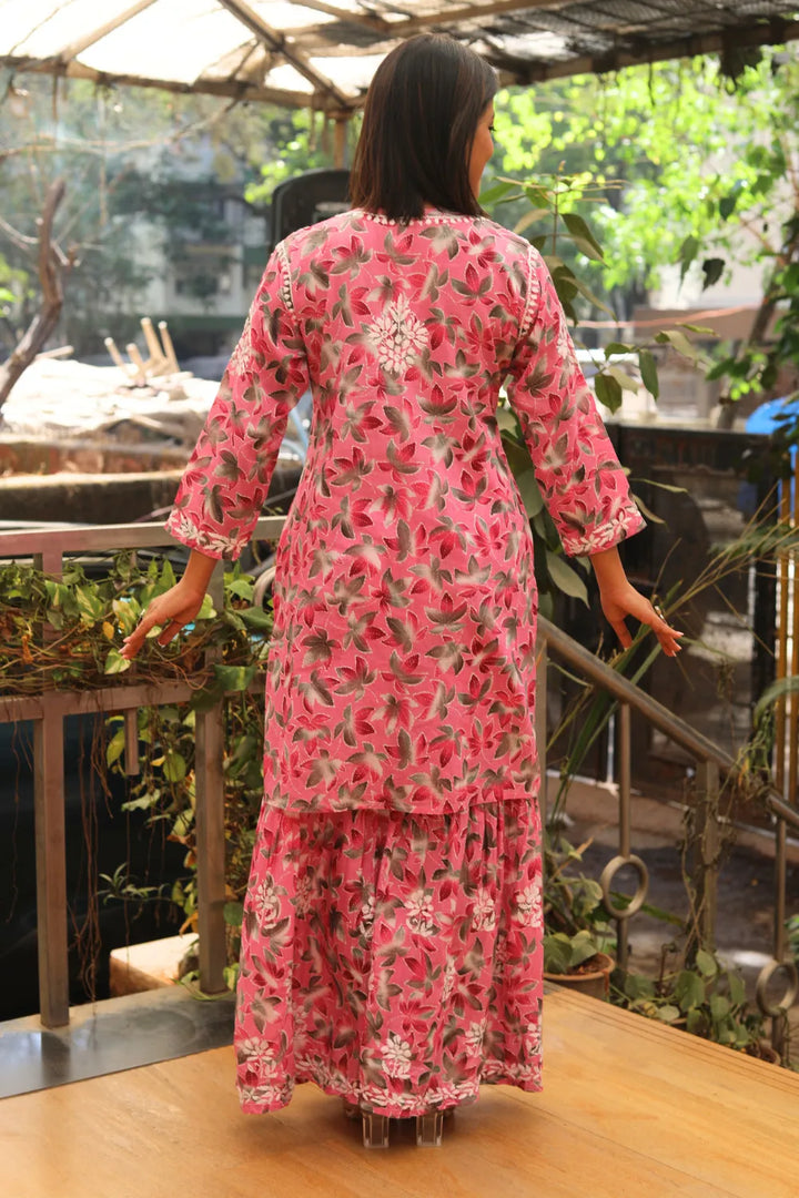 Rukhsaar Printed Mulmul Chikankari Gharara Set
