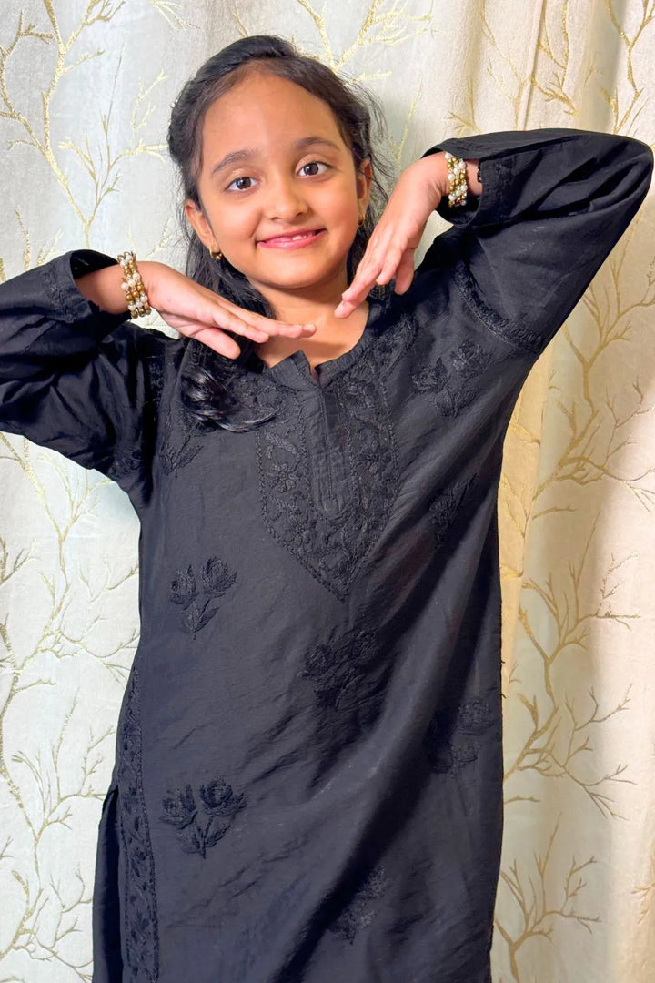 Iqra Kids Chanderi Chikankari Kurti Pant Set