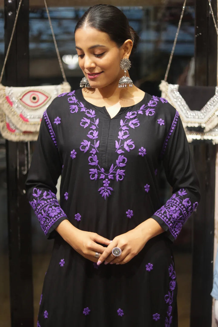 Habiba Rayon 3D Chikankari Designer Black Palazzo Set