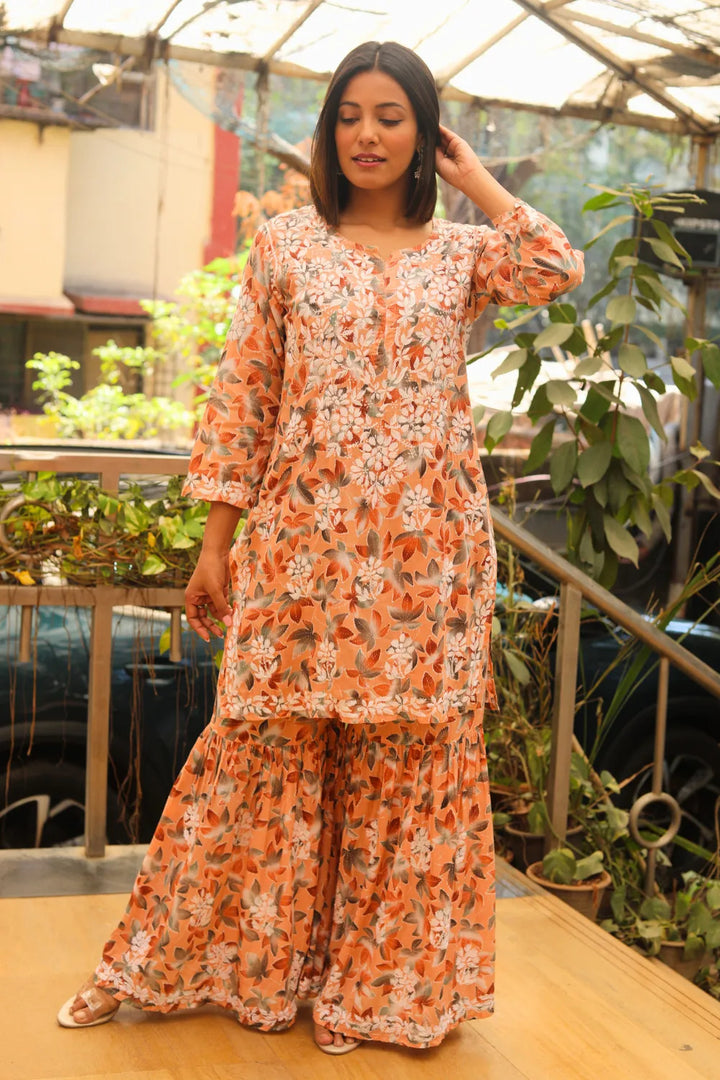 Rukhsaar Printed Mulmul Chikankari Gharara Set