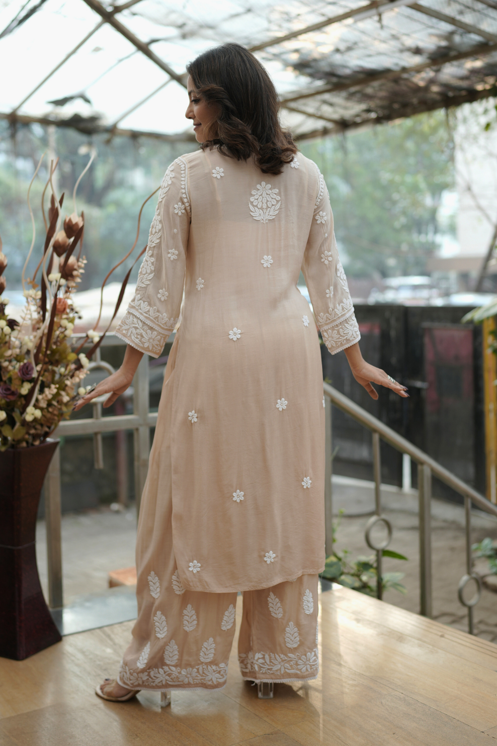 Ria  Premium Muslin 3D Chikankari Ombre Kurti Palazzo Set