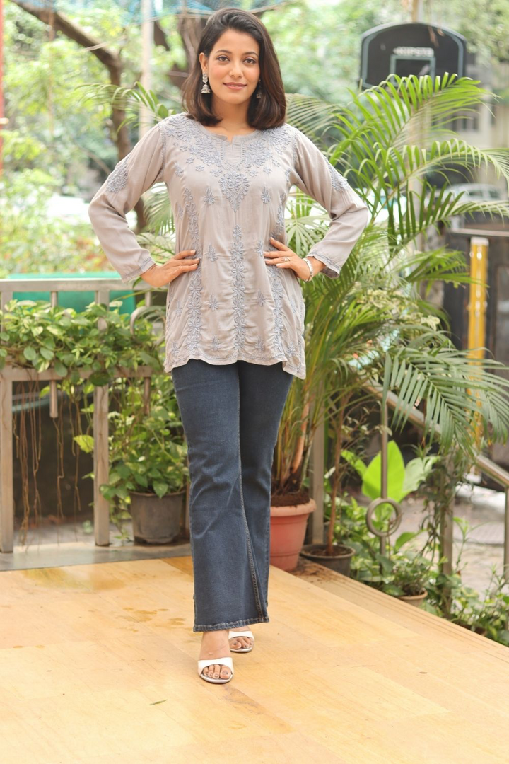 Fariha Modal Chikankari Tone to Tone Short Kurti