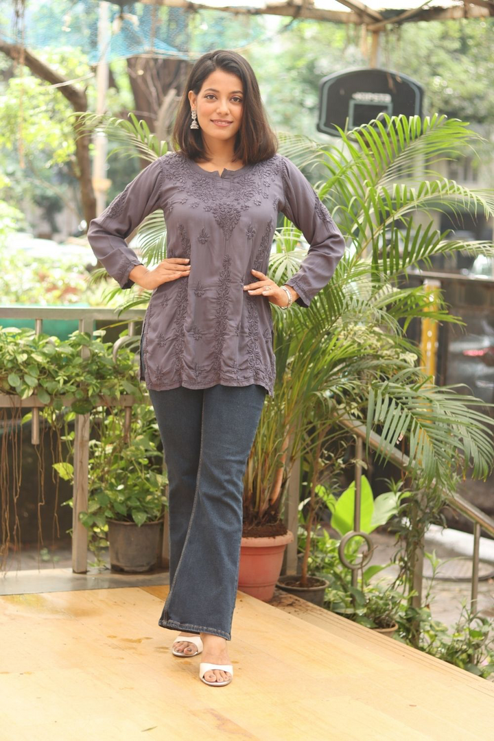 Fariha Modal Chikankari Tone to Tone Short Kurti