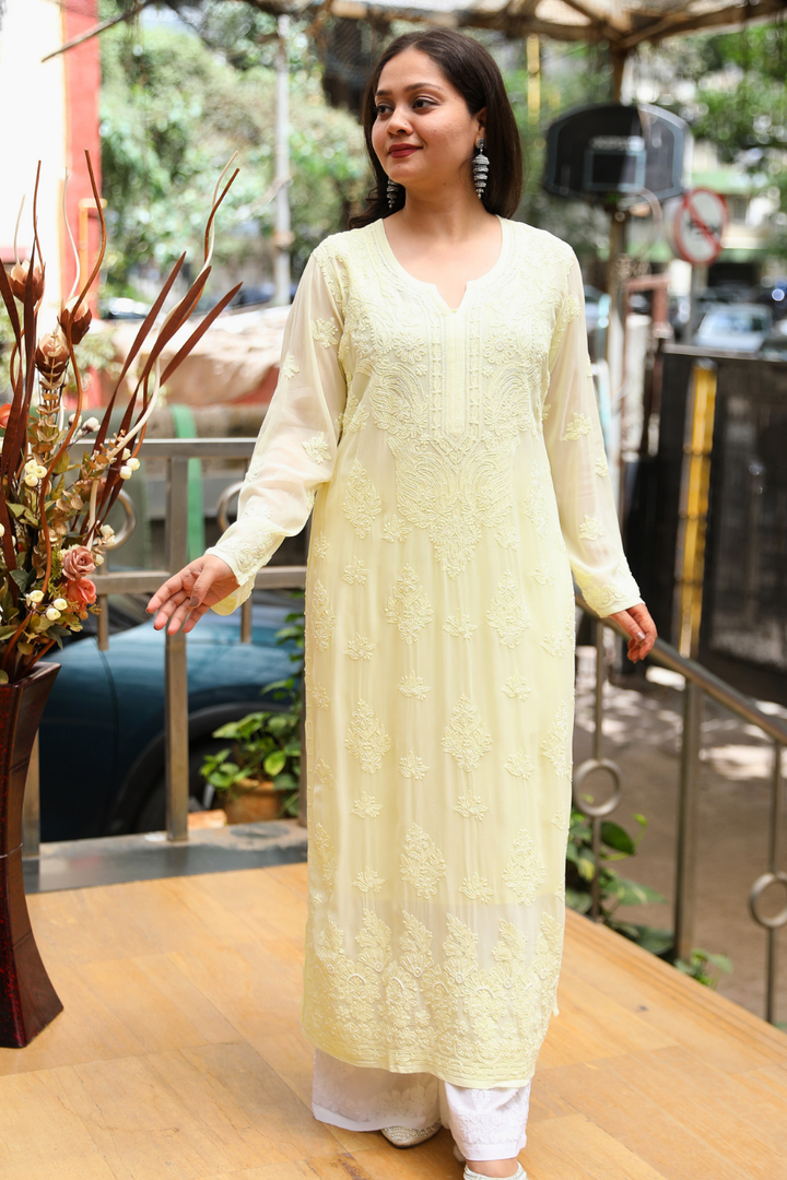 Yusra Viscose Designer Jaal  Add On Cutdana And Pearl Work Chikankari Kurti