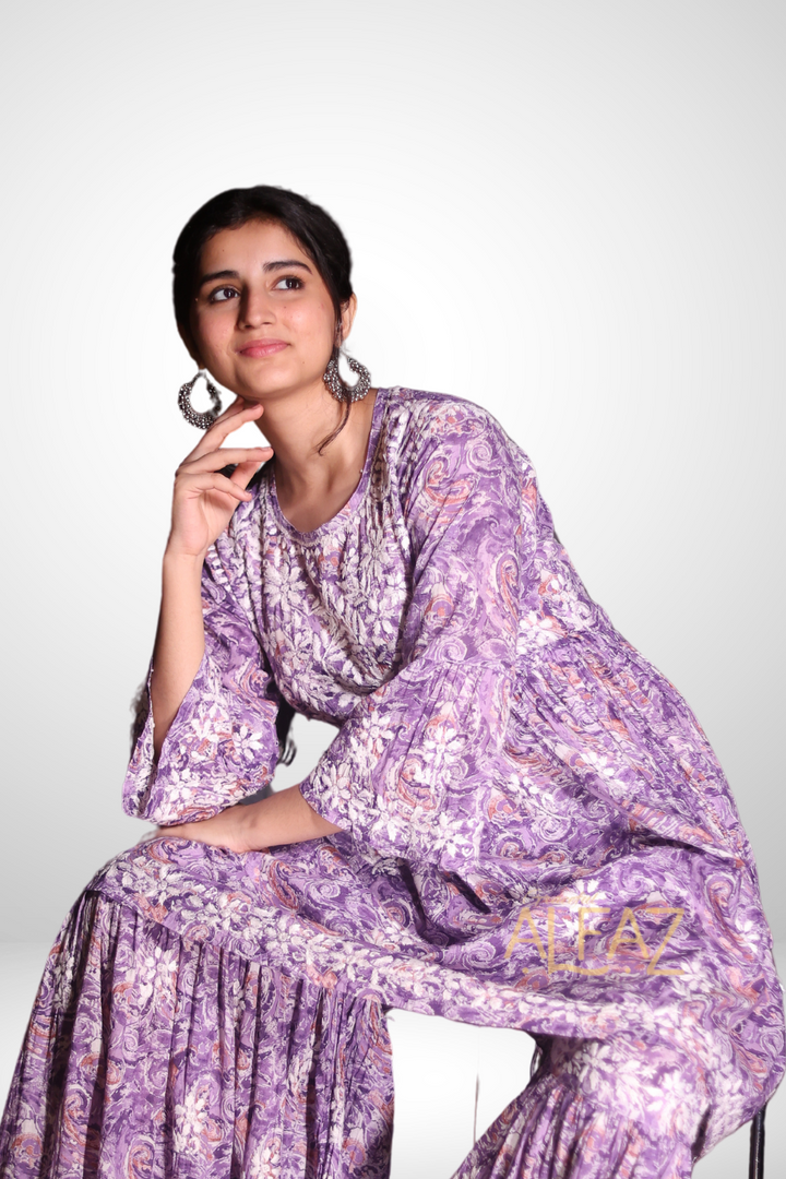 Ghazala Printed Mulmul Chikankari Gharara Set