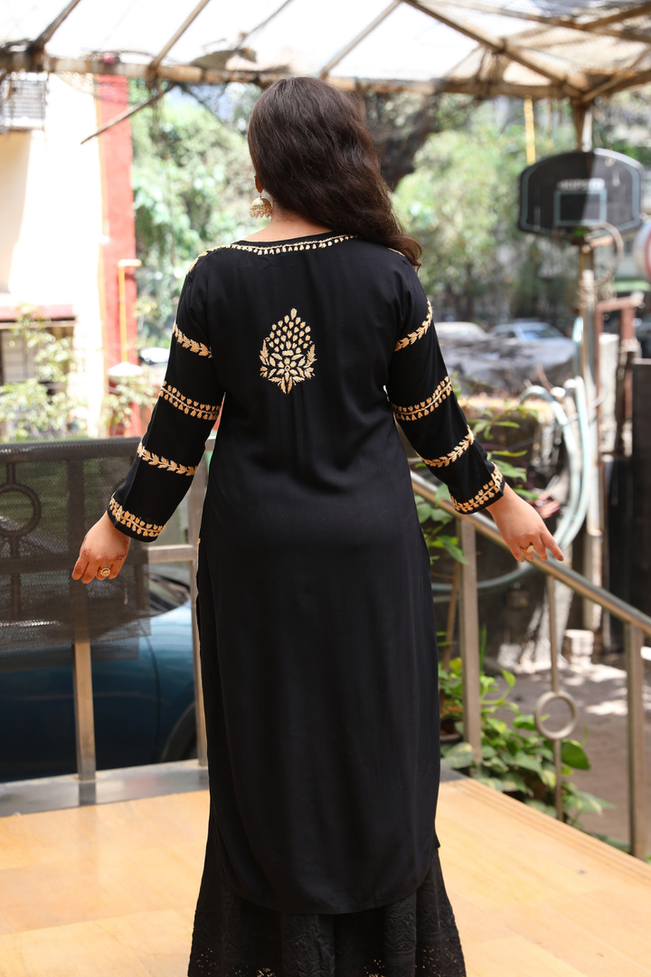 Naila  Rayon Black Multi Long Kurti Chikankari