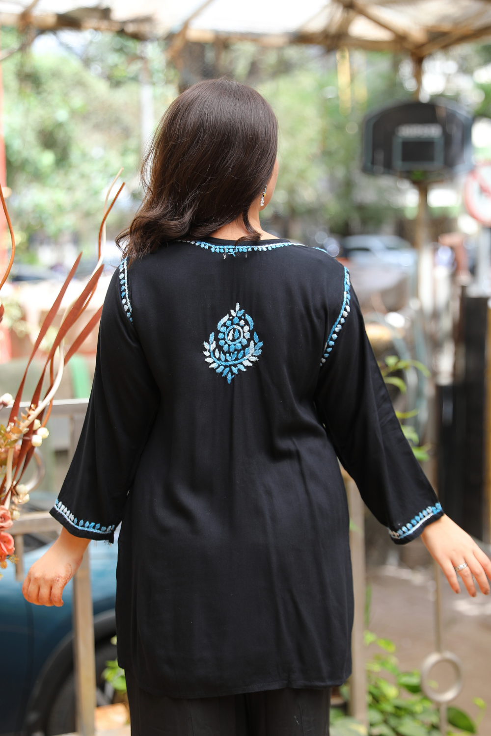 Ruvina Rayon Black Multi Chikankari Short Kurti