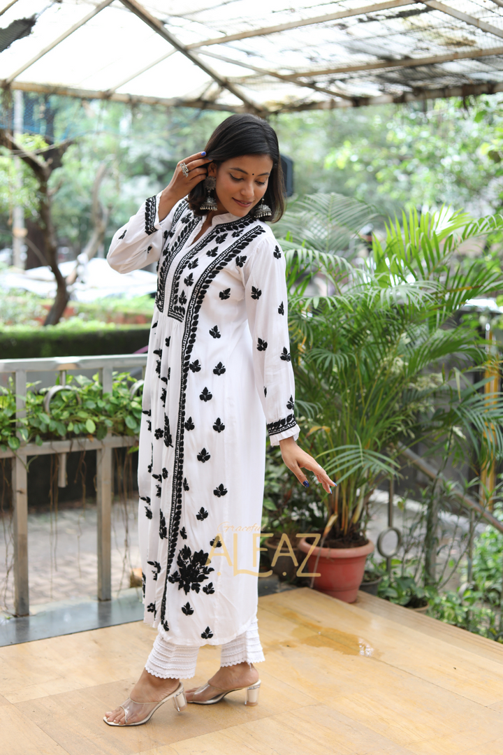 Aisha Premium Muslin Chikankari Nayra Cut White and Black Kurti