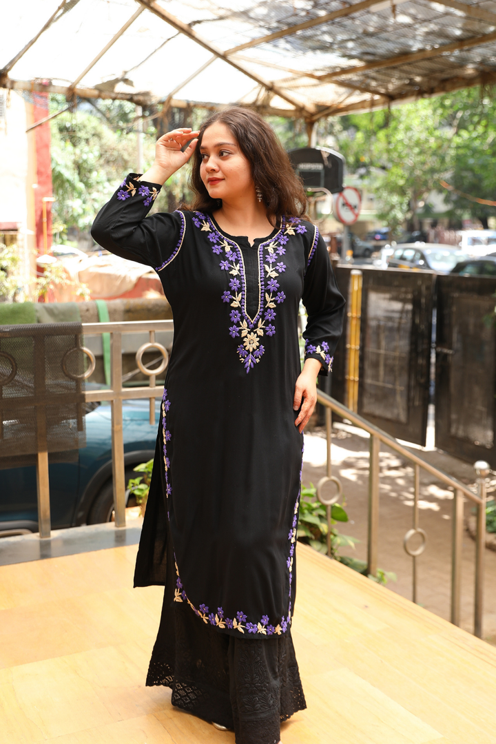 Naaz   Rayon Black Multi Long Kurti Chikankari
