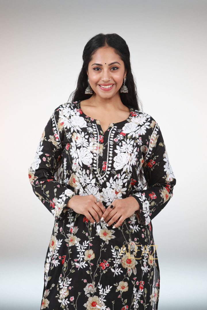 Sana Chikankari Mulmul Floral Printed Kurti and Pant Set | Mulmul Chikankari Kurta Set