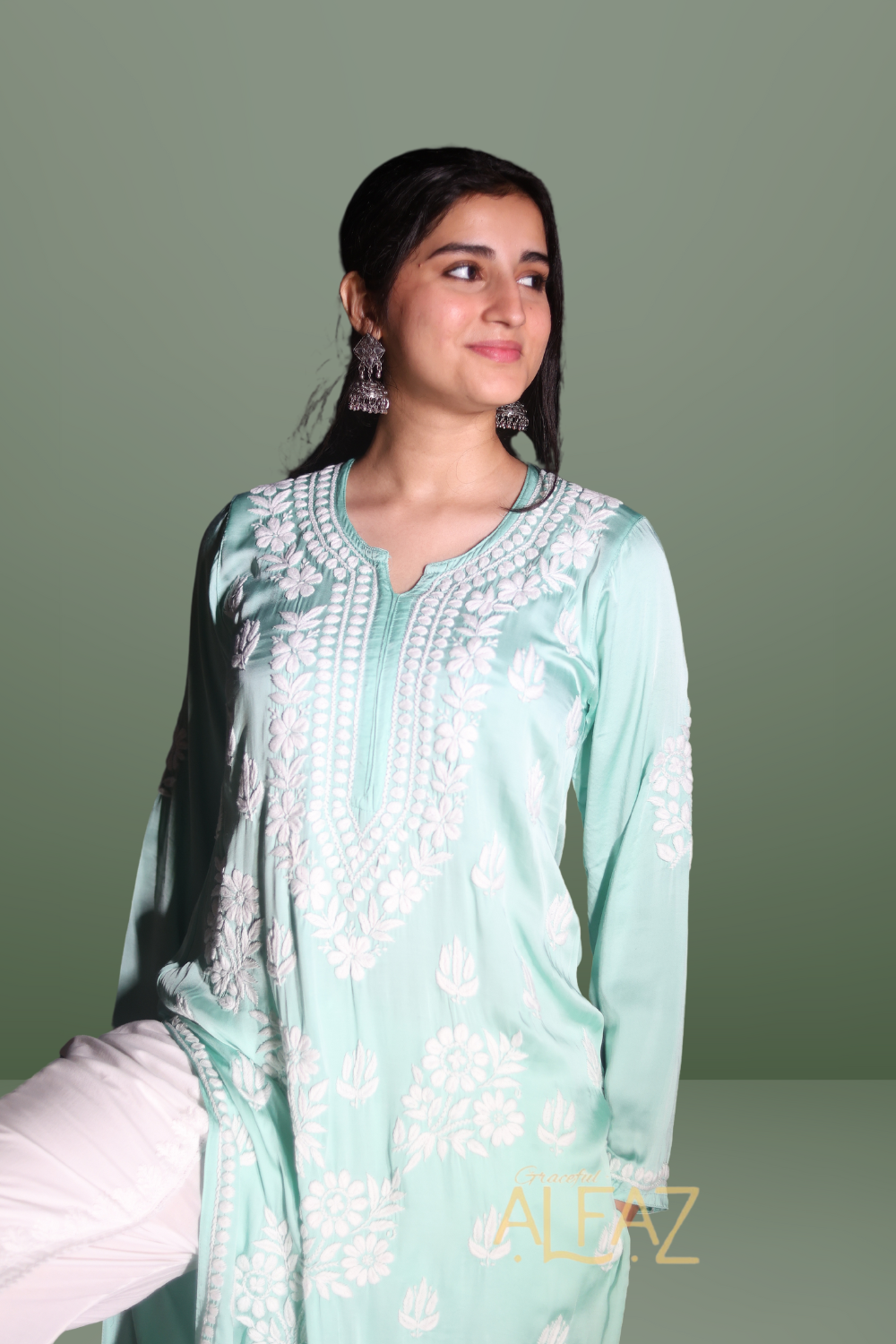 Classic Modal Chikan Kurti - Saida Modal Satin Collection