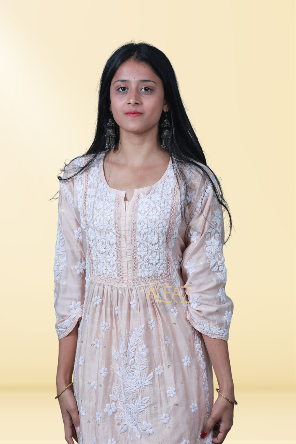 Aziza Chanderi Chikankari Nayara Cut Kurti | Long Chikankari Kurtis