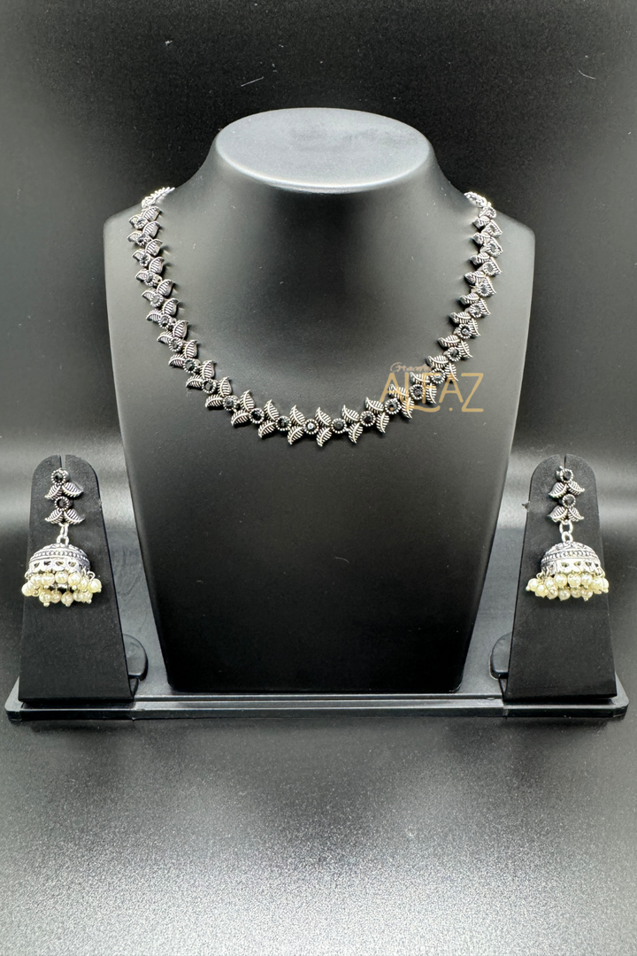 Nisha Delicate Silver Oxidised Necklace With Earrings