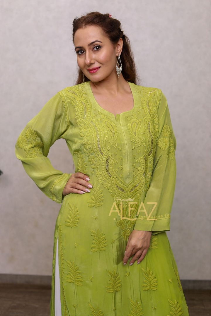 Ameera Premium Crepe Silk 3D Chikankari & Mukaish Plus Size Kurti