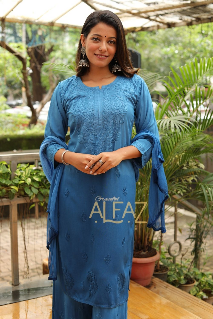 Mohini Rayon Chikankari Ombre Tone To Tone Kurti Palazzo Set With Dupatta| Chikankari Plazo Set