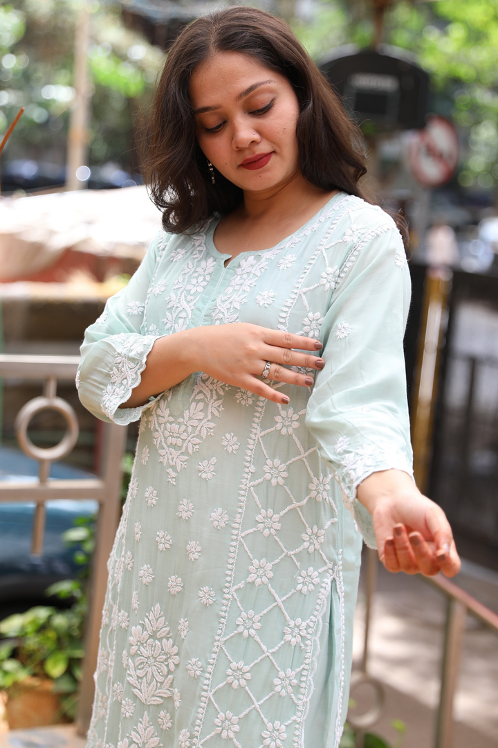Ayah   Premium Muslin 3D Chikankari Ombre  Cutwork Kurti Palazzo Set