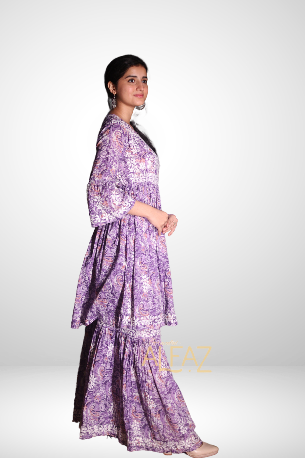 Ghazala Printed Mulmul Chikankari Gharara Set