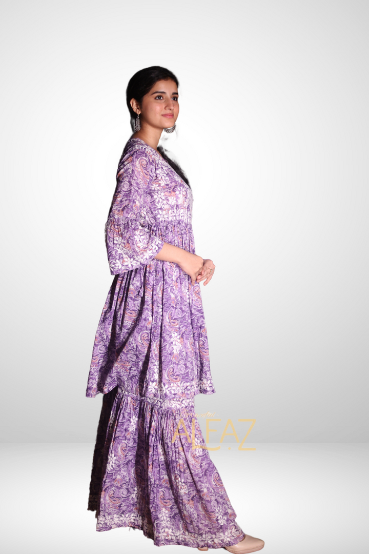 Ghazala Printed Mulmul Chikankari Gharara Set