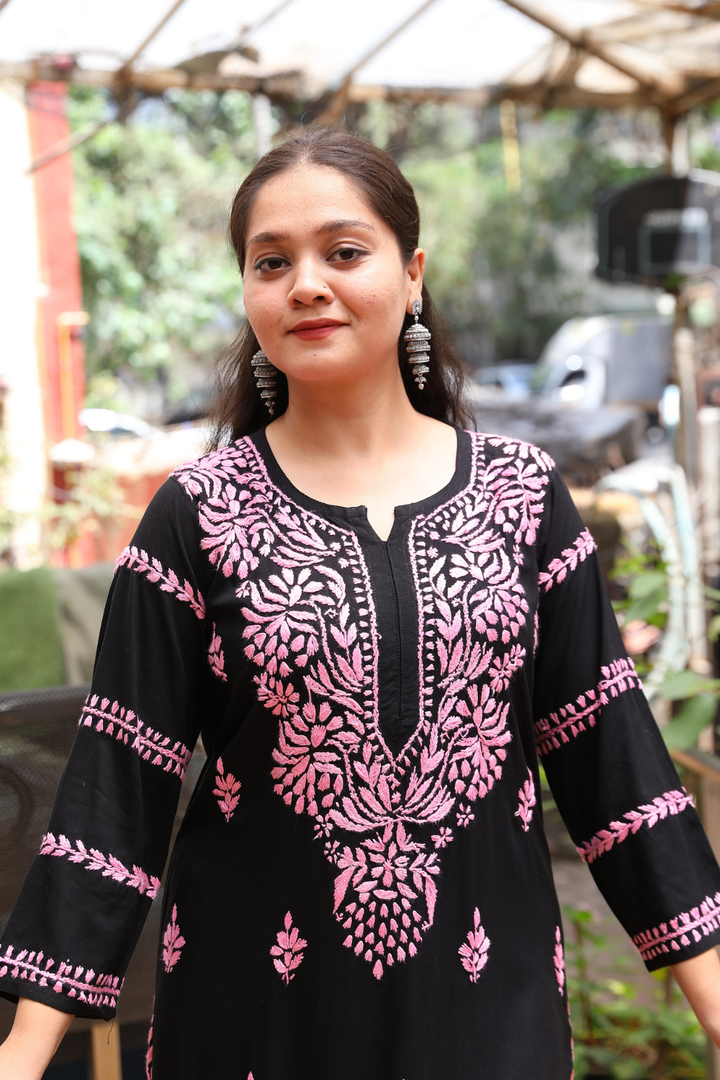 Naila  Rayon Black Multi Long Kurti Chikankari
