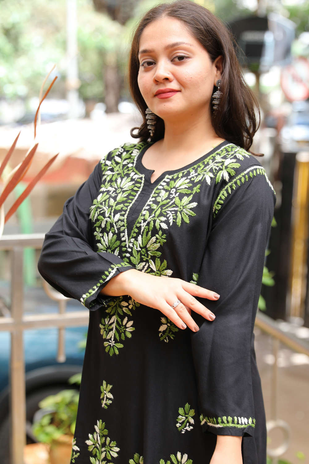 Ruvina Rayon Black Multi Chikankari Short Kurti