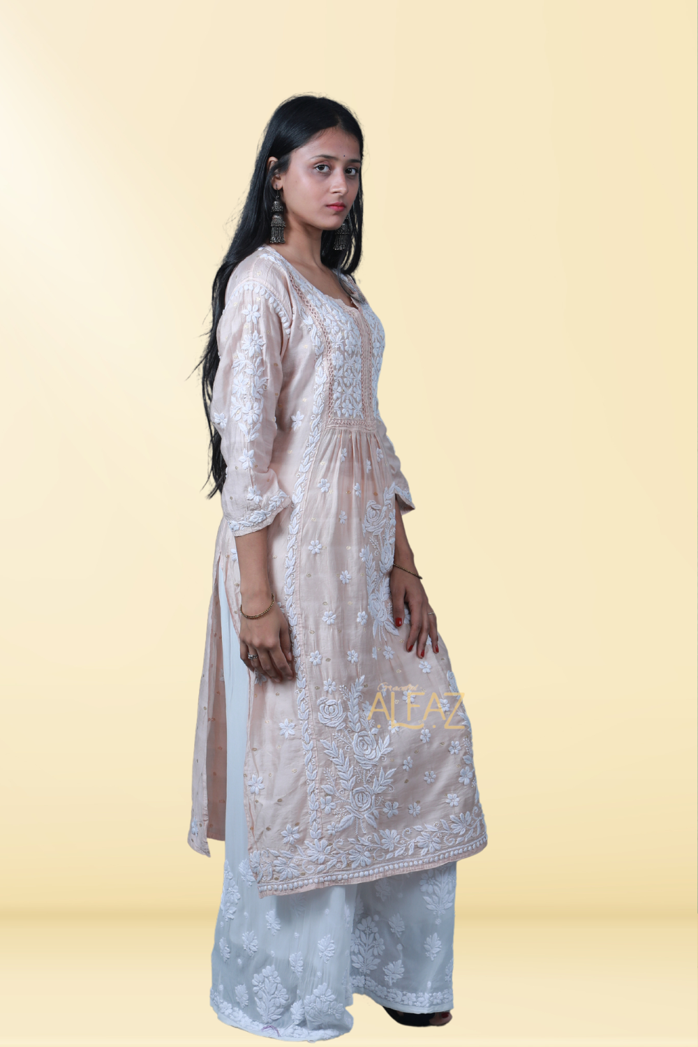 Aziza Chanderi Chikankari Nayara Cut Kurti | Long Chikankari Kurtis