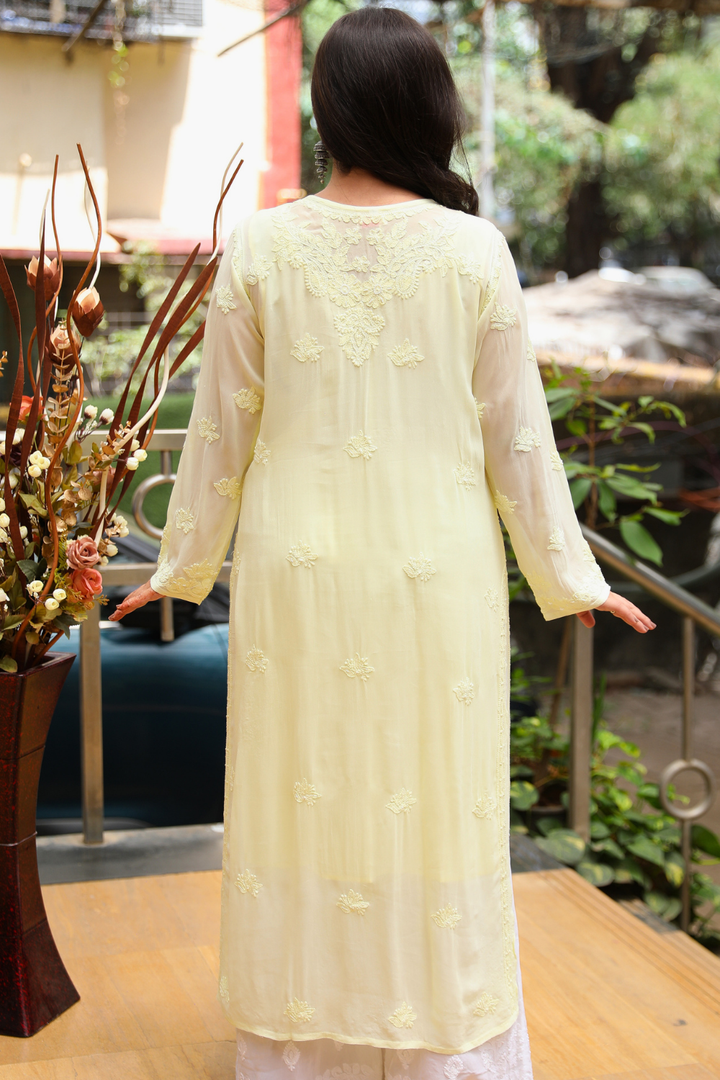 Yusra Viscose Designer Jaal  Add On Cutdana And Pearl Work Chikankari Kurti