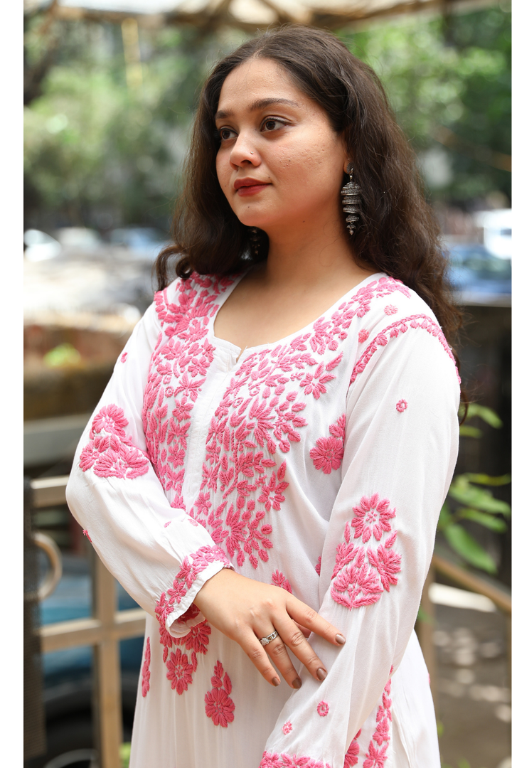 Kausar Rayon 3D Chikankari Designer White Multi