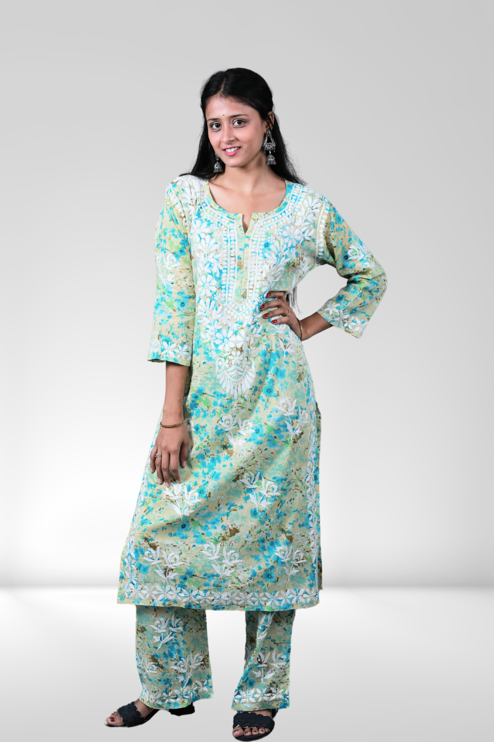 Safiya Printed Mulmul Chikankari Palazzo Set