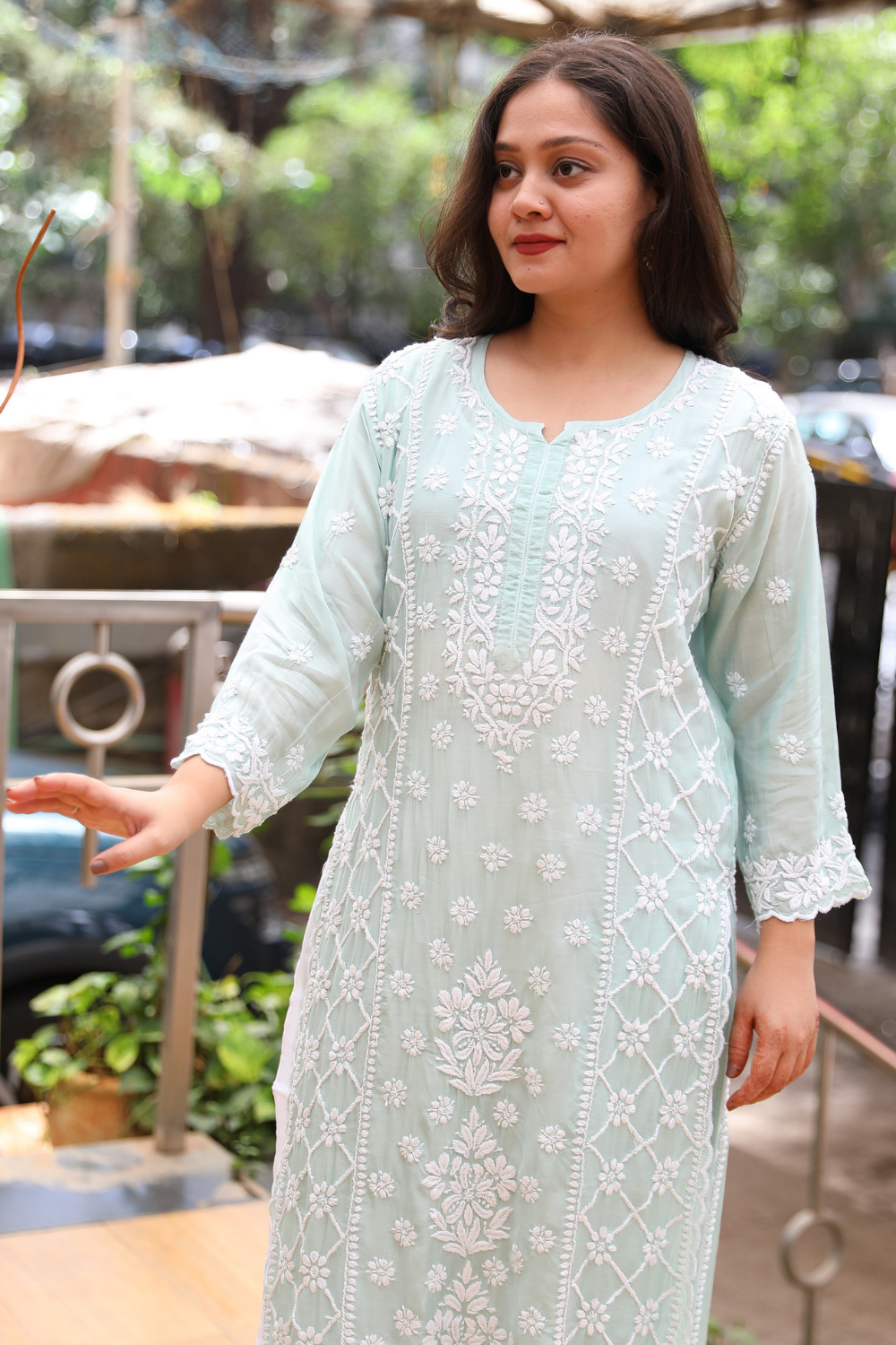 Ayah   Premium Muslin 3D Chikankari Ombre  Cutwork Kurti Palazzo Set