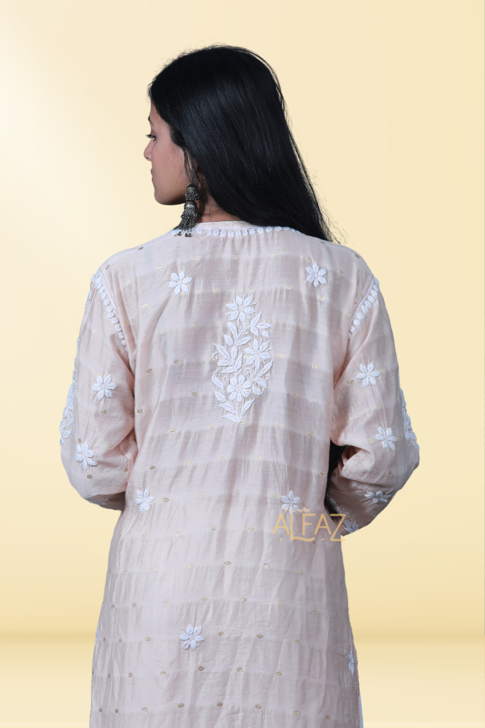 Aziza Chanderi Chikankari Nayara Cut Kurti | Long Chikankari Kurtis